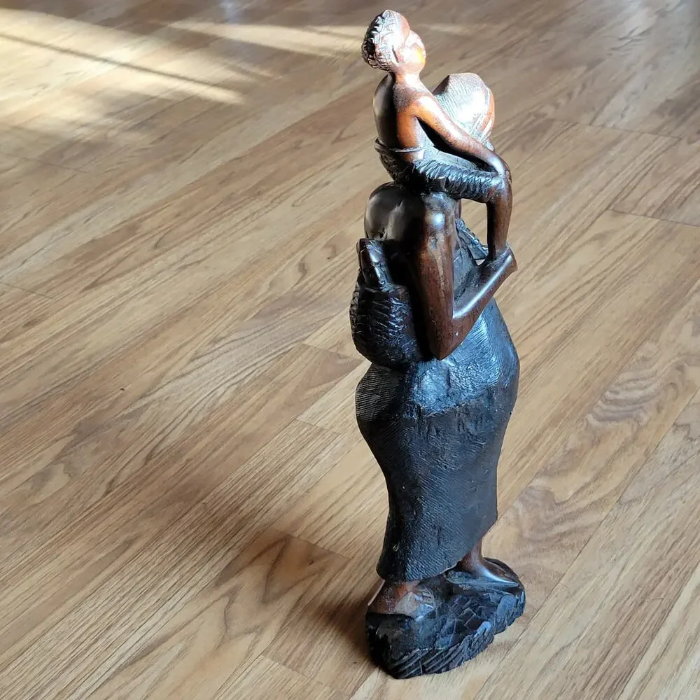 Vintage iron wood carving African women with child figurine sculpture